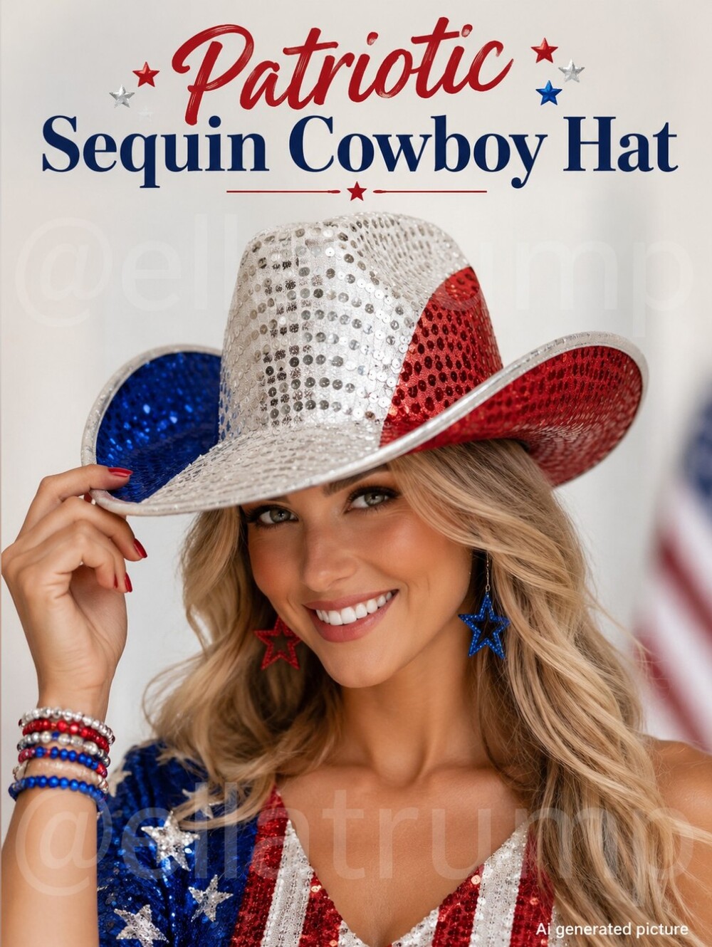 Patriotic Cowboy Hat Features Red White Blue Sequins 14x13"